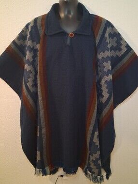 Unisex One Size Wool Blend Poncho Tribal Aztec Native Handmade In Ecuador
